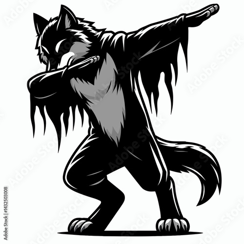 Wolf wear halloween costume and pose dabbing. Funny Animal Vector Clip art. Canine outfit spook celebration gesture.
