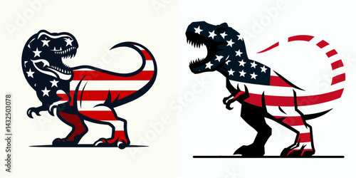 T rex with american flag. Funny Animal Vector Clip art. Tyrannosaurus waving patriotic banner united nation pride.