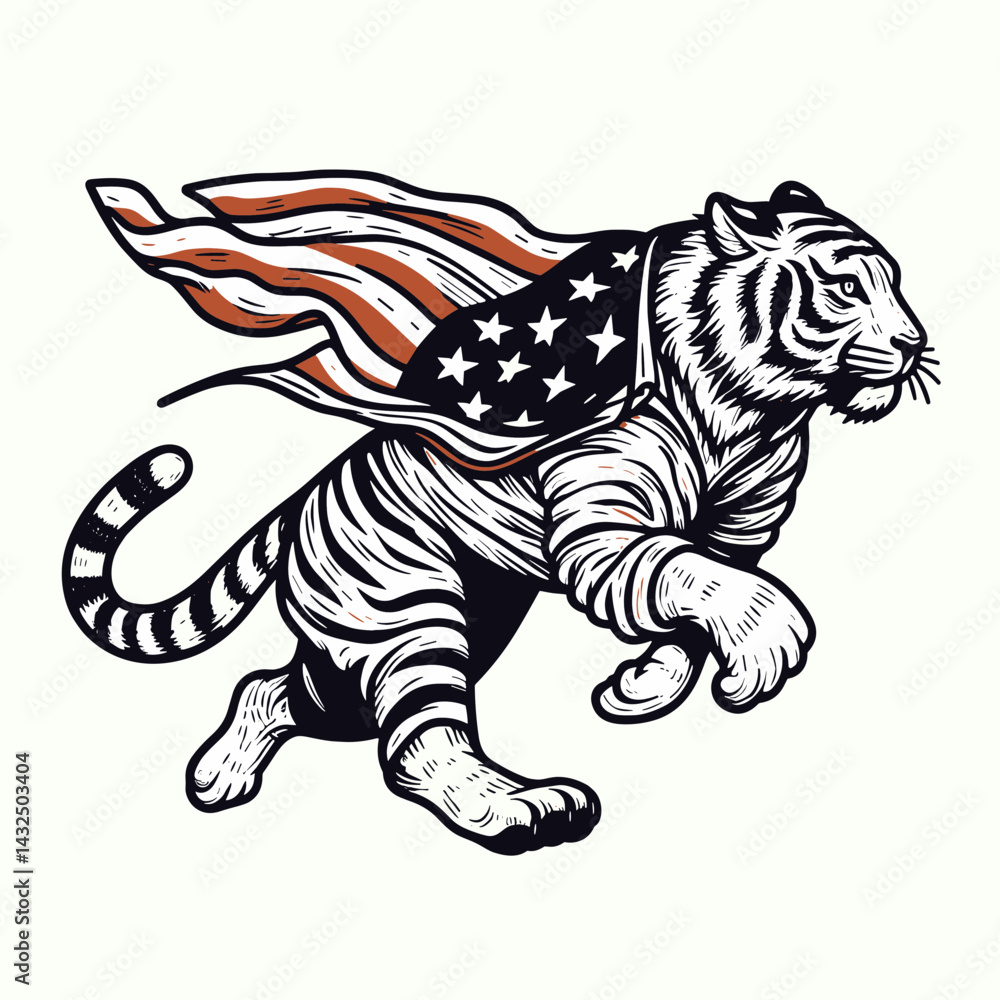 Obraz premium tiger wear american flag running. Funny Animal Vector Clip art. Feline clothing patriotic banner sprint workout.