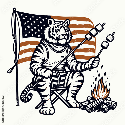 tiger wear american flag roasting marshmallows. Funny Animal Vector Clip art. Feline patriot barbecue freedom cooking warm delight.