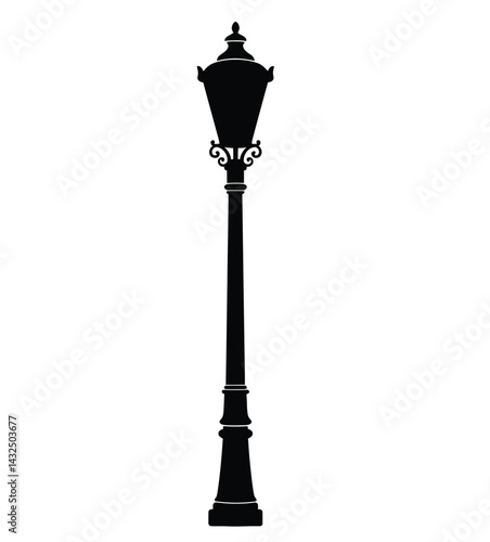 Lamp post silhouette. This image features a vintage streetlight with ornate details, also known as a streetlamp or streetlight. Vector clipart illustration design.