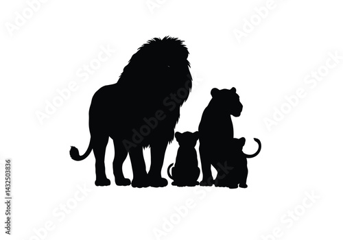 Lion family silhouette. This image shows a black silhouette of a lion family, including a male lion, a female lion, and two lion cubs, unity and strength. Vector clipart illustration design.