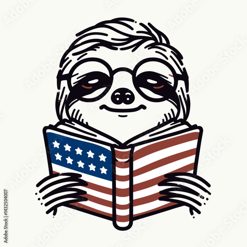 sloth wear american flag glasses reading. Funny Animal Vector Clip art. Critter patriotic banner optical studying.