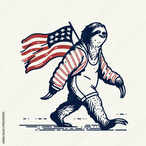 sloth wear american flag Walking on the beach. Funny Animal Vector Clip art. Creature donning patriotic banner stroll coastline recreation.