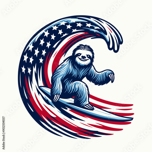 sloth wear american flag wave Surfing. Funny Animal Vector Clip art. Slow creature garb usa banner ocean riding activity.