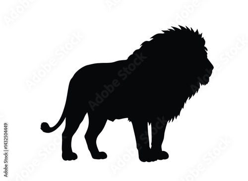 Lion silhouette. This image shows a black silhouette of a lion with a prominent mane, representing the majestic and powerful nature of the animal. Vector clipart illustration design.