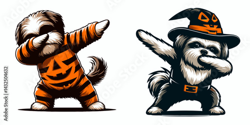 Shih Tzu Dog wear halloween costume and pose dabbing. Funny Animal Vector Clip art. canine apparel spook picture celebration.