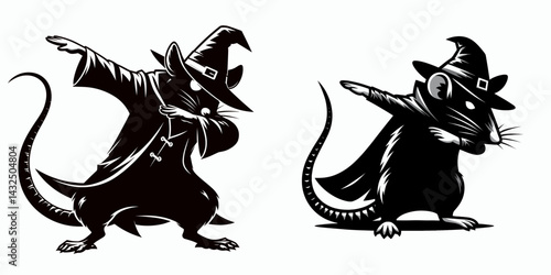 Rat wear halloween costume and pose dabbing. Funny Animal Vector Clip art. Rodent attire fall gala goofy gesture.