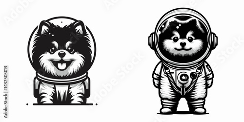 Pomeranian Dog in astronaut costume. Funny Animal Vector Clip art. Canine cosmonaut attire fluffy spitz breed pet spaceman garb.