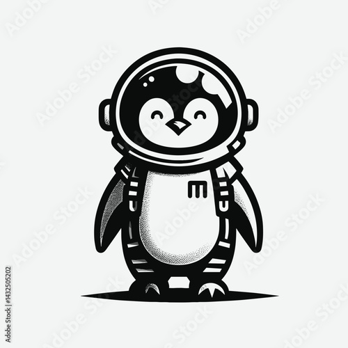 Penguin in astronaut costume. Funny Animal Vector Clip art. Flightless bird cosmonaut attire avian space exploration.