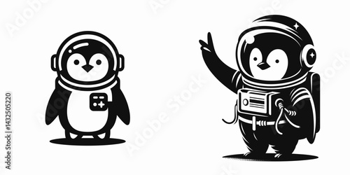 Penguin in astronaut costume. Funny Animal Vector Clip art. Flightless bird cosmonaut attire avian space explorer apparel.