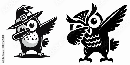 Owl wear halloween costume and pose dabbing. Funny Animal Vector Clip art. Avian holiday apparel gesture fun comical image.