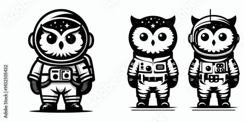 Owl in astronaut costume. Funny Animal Vector Clip art. Avian cosmonaut attire celestial bird outer space flight gear.