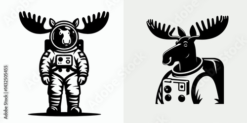 Moose in astronaut costume. Funny Animal Vector Clip art. Cosmic cervidae attire fauna exploration outfit.