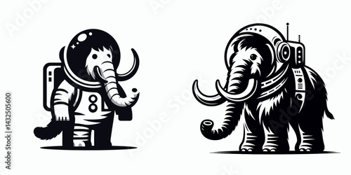 Mammoth in astronaut costume. Funny Animal Vector Clip art. Woolly colossus within celestial explorer garment.