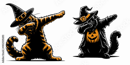 Maine Coon Cat wear halloween costume and pose dabbing. Funny Animal Vector Clip art. Feline trick attire dab october party look.