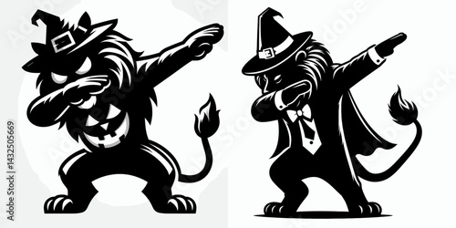 Lion wear halloween costume and pose dabbing. Funny Animal Vector Clip art. Feline trick or treat outfit comical gesture.