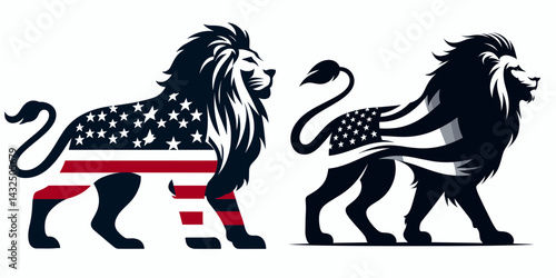 Lion with american flag. Funny Animal Vector Clip art. Feline freedom banner united state patriotic mammal.