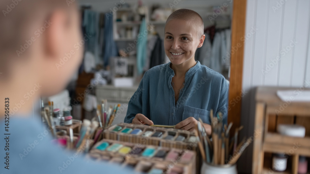 Fototapeta premium Artist Reflecting: A smiling, bald woman artist looks at herself in a mirror, holding a box of colorful paints, surrounded by art supplies in her cozy studio. 