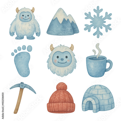Adorable watercolor illustrations of yeti, snowy mountains, igloo, snowflakes, and winter gear—perfect for seasonal or holiday designs PNG