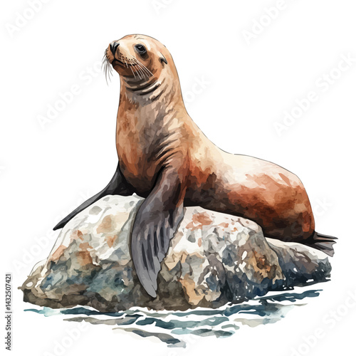 Sea Lion Resting On A Rock In The Ocean, watercolor vector, isolated on a white background.