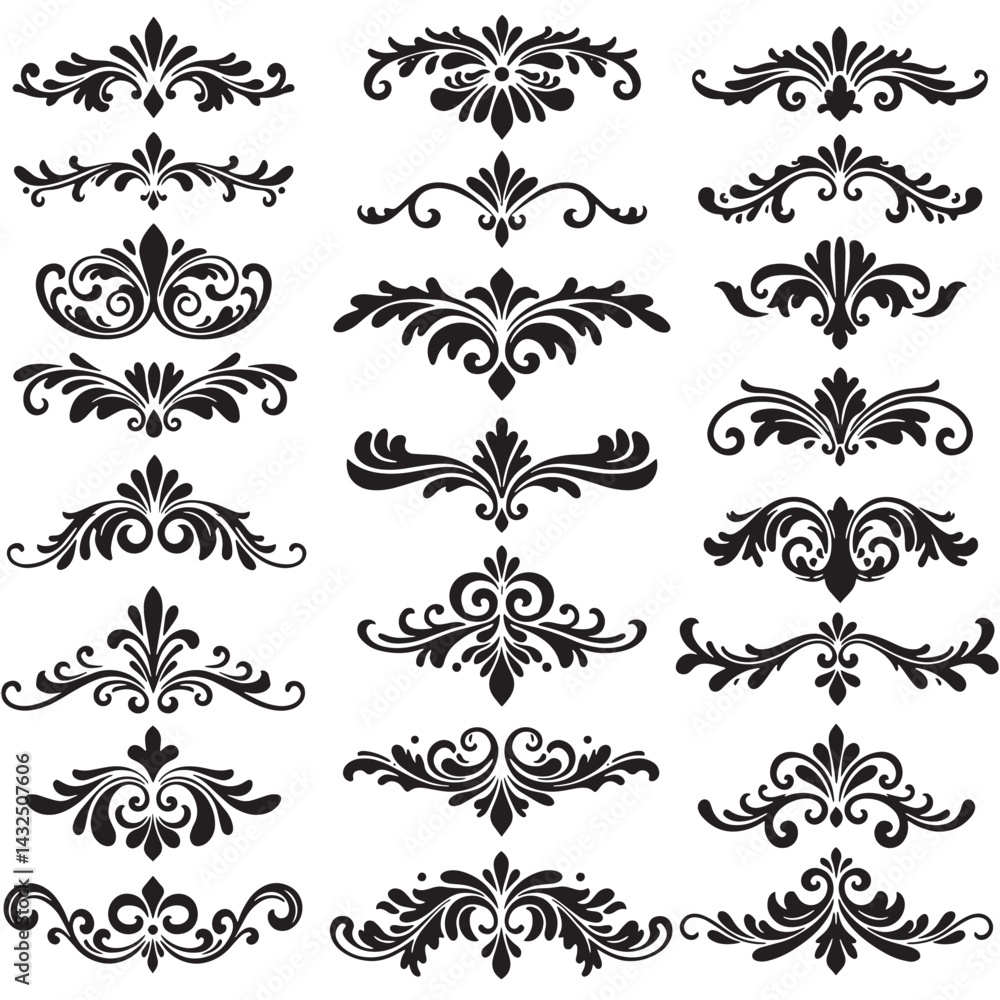 Vector silhouette set of hand drawn swill decoration ornament design elements bundle with vintage curves, floral scrolls, and decorative flourishes perfect for invitations and classic art designs
Vector silhouette set of hand drawn swill decoration ornament design elements bundle with vintage curves, floral scrolls, and decorative flourishes perfect for invitations and classic art designs