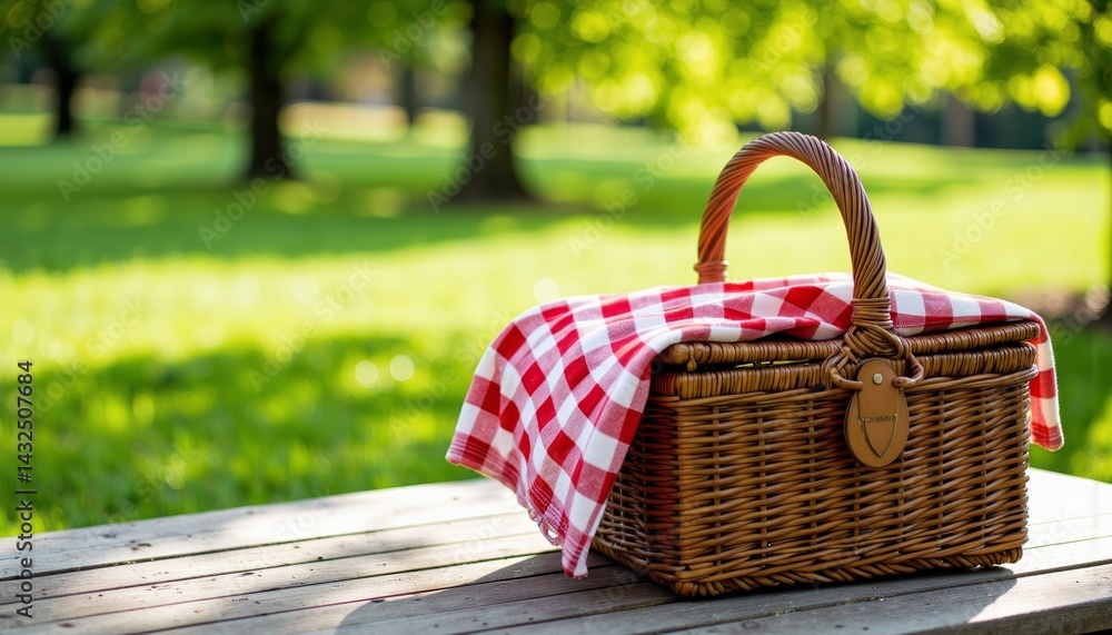 Picnic basket on table with checkered cloth in sunny park Picnic basket on table with checkered cloth in sunny park