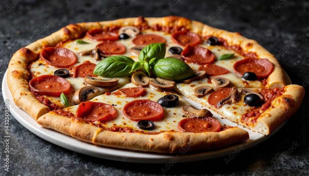 Delicious pepperoni pizza with mushrooms and basil on a plate Delicious pepperoni pizza with mushrooms and basil on a plate