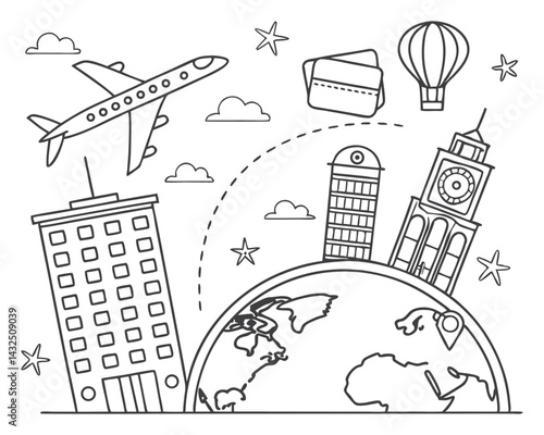 Global Travel Doodle Illustration with Airplane, Globe, and Landmarks