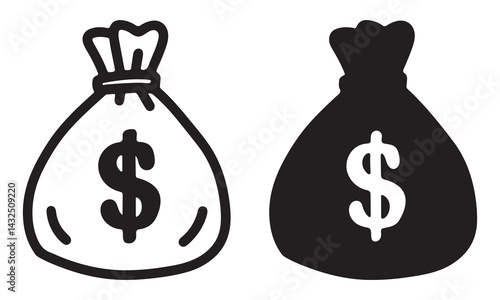 Money Bag Icon Set – Dollar Sign in Black and Outline Style. money, bag, dollar, icon, cash, finance, banking, savings, currency