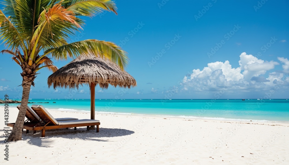 Fototapeta premium Tropical beach with palm trees and sun loungers under bright sky 