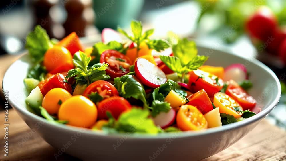 Fresh and Colorful Garden Salad with Cherry Tomatoes, Radishes, and Green Herbs in a Bowl on a Wooden Table Surrounded by Ingredients Fresh and Colorful Garden Salad with Cherry Tomatoes, Radishes, and Green Herbs in a Bowl on a Wooden Table Surrounded by Ingredients