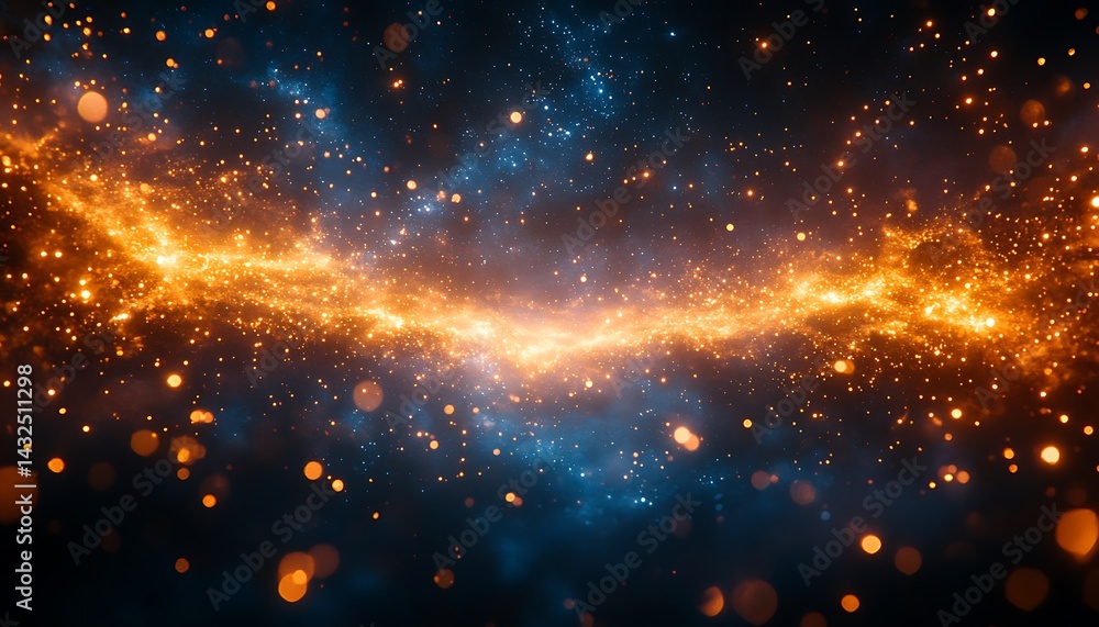 Abstract golden light streaks with bokeh on dark blue space background Abstract golden light streaks with bokeh on dark blue space background