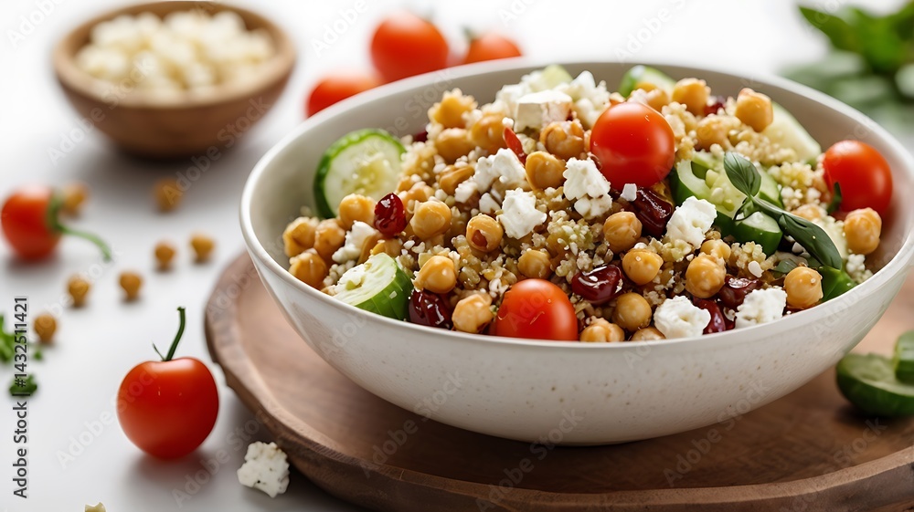 A bowl of quinoa salad with roasted chickpeas, cucumbers, cherry tomatoes, and feta cheese, on a white background A bowl of quinoa salad with roasted chickpeas, cucumbers, cherry tomatoes, and feta cheese, on a white background