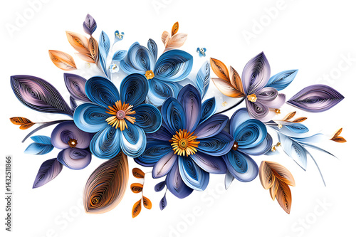 Quilled Floral Cluster Blue, Purple, Orange Paper Filigree on Black Backdrop, Elegant