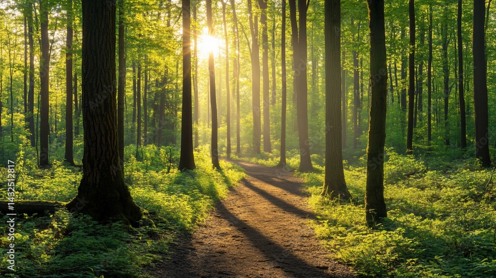 Fototapeta premium Sunlit Path Through a Verdant Forest with Lush Green Foliage and Tall Trees