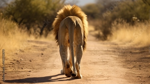 Majestic Lion Walking Away on a Dusty Road