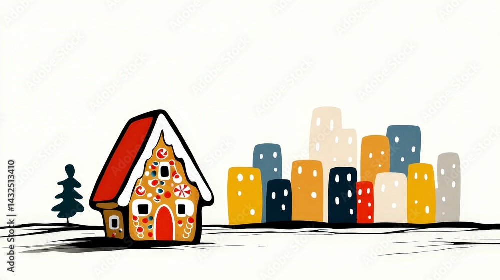 Fototapeta premium Festive Gingerbread House Winter Scene Christmas Cityscape Illustration
