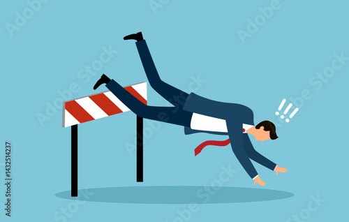 Business failure, mistake or cannot overcome difficulty or obstacle, problem or underperform employee concept. Frustrated businessman loser fail to jump over hurdle and falling to the ground.