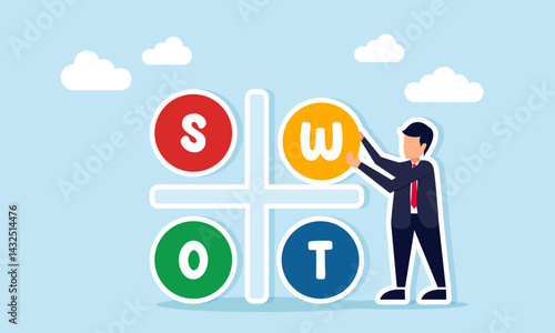 Businessman arranging the letter W in the word SWOT, illustration of strategy analysis of Strengths Weaknesses Opportunities and Threats