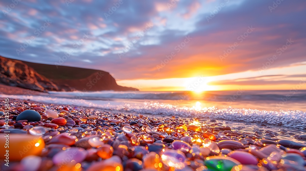 Obraz premium Colorful Pebbles on Rocky Shoreline at Sunrise