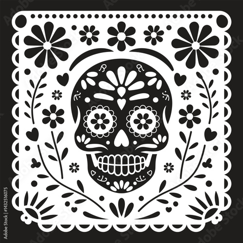 Black and white floral skull vector illustration on a seamless pattern with nature inspired design