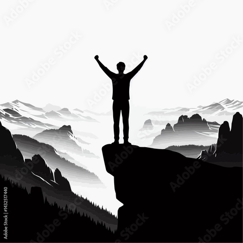 Triumphant silhouette: An awe-inspiring monochrome silhouette stands poised on a majestic mountain peak, arms raised in an iconic gesture of triumph against the backdrop of nature.
