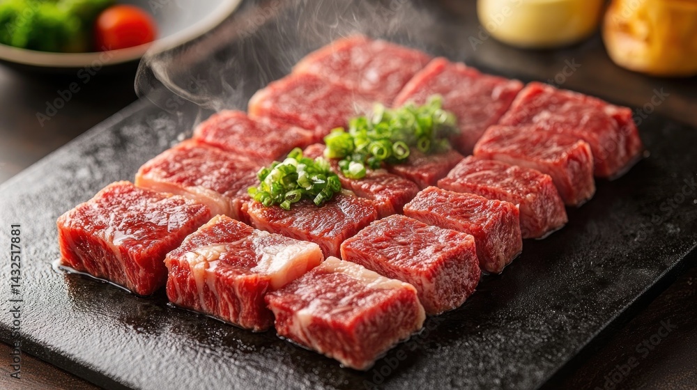 Freshly cooked, flavorful, and succulent beef cubes on a hot plate, steaming with aroma Freshly cooked, flavorful, and succulent beef cubes on a hot plate, steaming with aroma