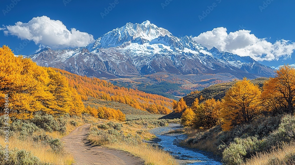 Autumnal Path Winding Through a Mountain Valley with a Snowy Pea Autumnal Path Winding Through a Mountain Valley with a Snowy Pea