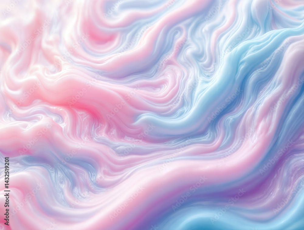 The image features a pastel-colored abstract pattern with swirls and waves, predominantly in shades of pink, blue, and white, creating a fluid, painterly effect