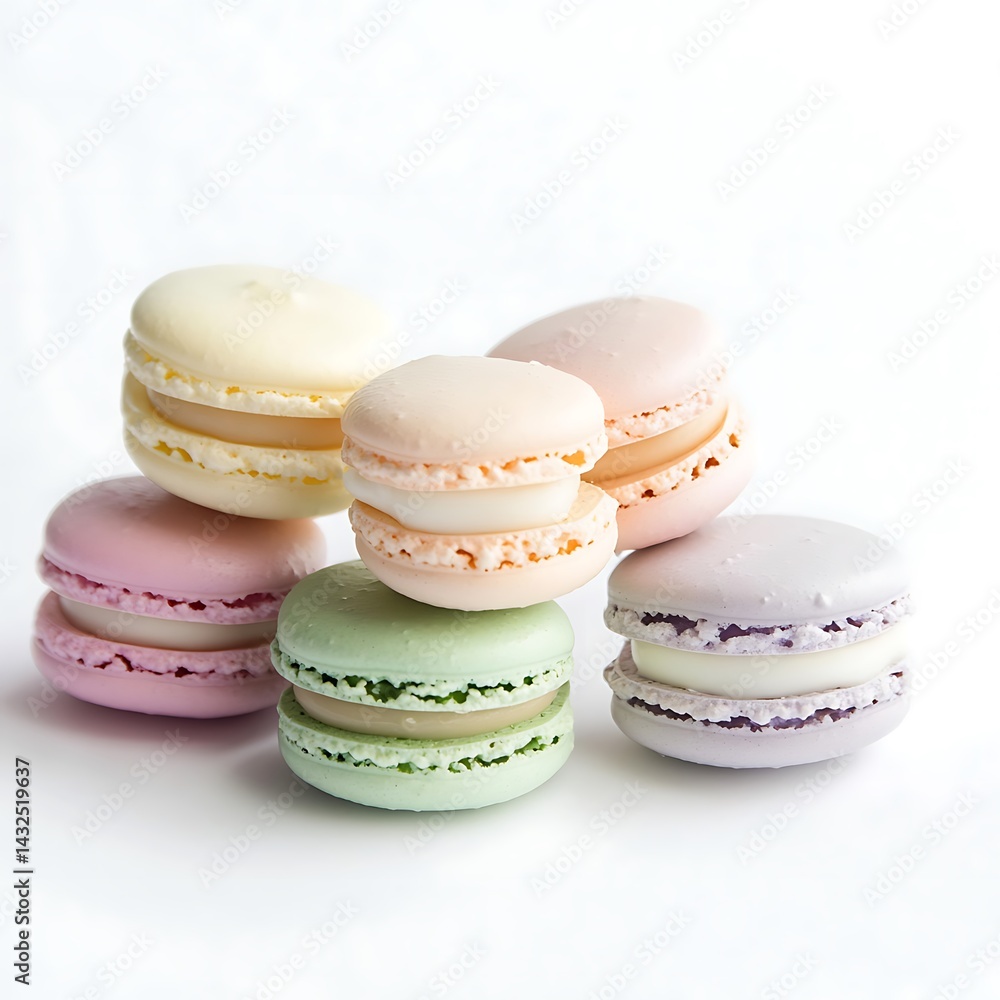Fototapeta premium Pastel Colored Macarons Stacked On White Background For Sweet Dessert Concept