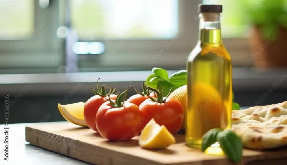 Bottle next to tomatoes, garlic, basil, lemon, and crusty bread Bottle next to tomatoes, garlic, basil, lemon, and crusty bread