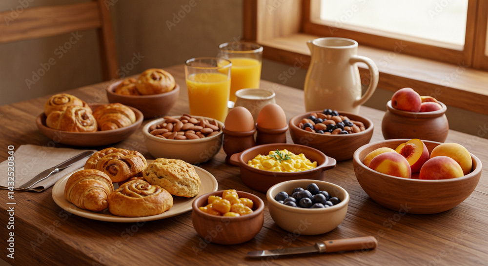 Breakfast spread with pastries, fruit, eggs, and juice arranged on a wooden table near a window Breakfast spread with pastries, fruit, eggs, and juice arranged on a wooden table near a window