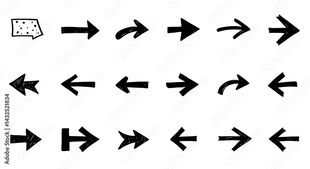 A set of eighteen distinct, hand-drawn black arrow illustrations pointing in various directions, accompanied by a textured speech bubble element. A set of eighteen distinct, hand-drawn black arrow illustrations pointing in various directions, accompanied by a textured speech bubble element.